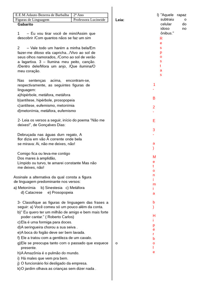 Gabarito Do Exercício Sobre Figuras de Linguagem | PDF | Metáfora