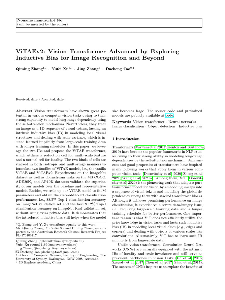 ViTAEv2: Enhanced Vision Transformer Model | PDF | Computer Vision ...