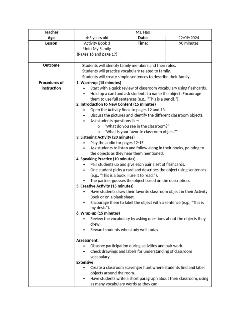 Family Vocabulary Lesson Plan for Kids | PDF | Classroom | Vocabulary