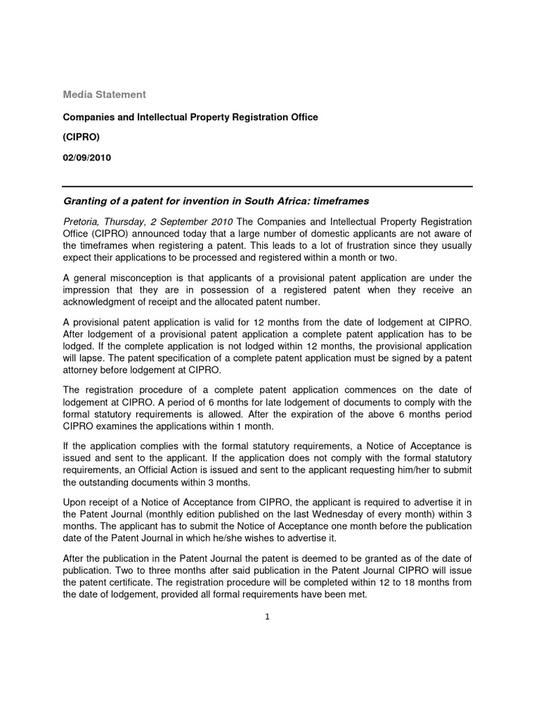 Image showcasing South Africa Patent Registration Timeframes | PDF | Patent Application ...