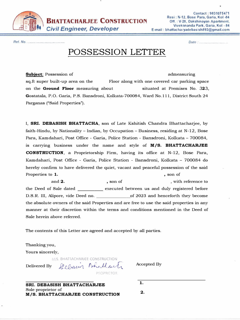 Builder Possession Letter Sample | PDF | Private Law
