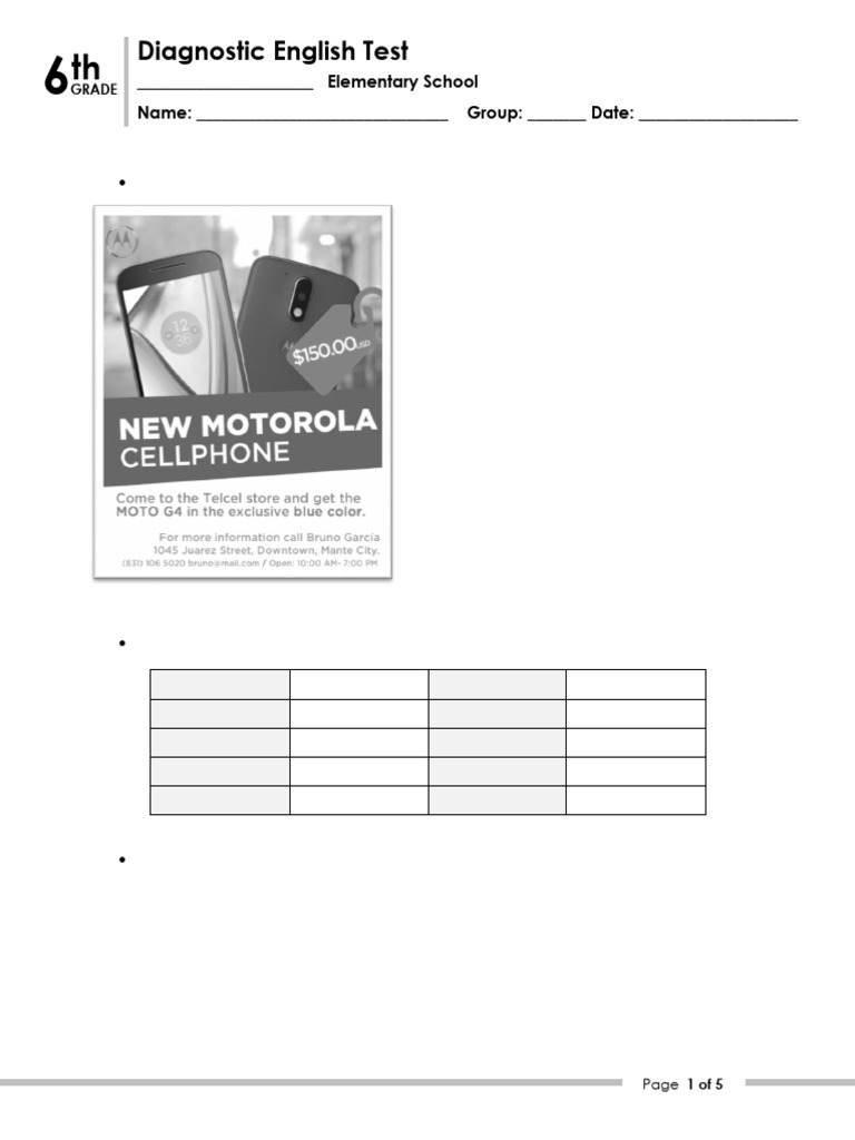 6th Grade English Diagnostic Test | PDF | Japanese Yen | Linguistics