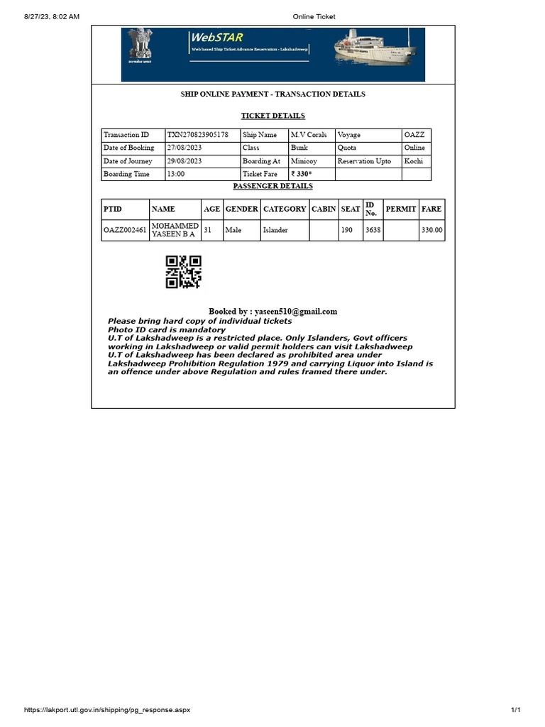 Lakshadweep Online Ship Ticket Details | PDF