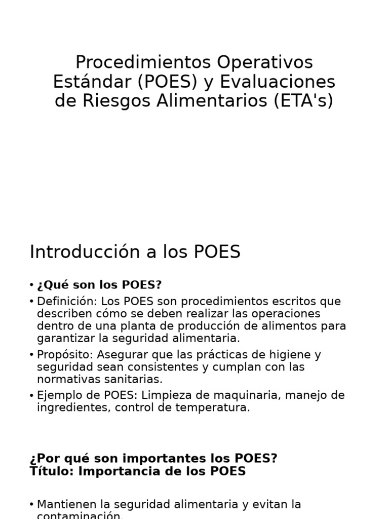 Procedimientos Operativos Estándar (POES) y Evaluaciones de Riesgos ...