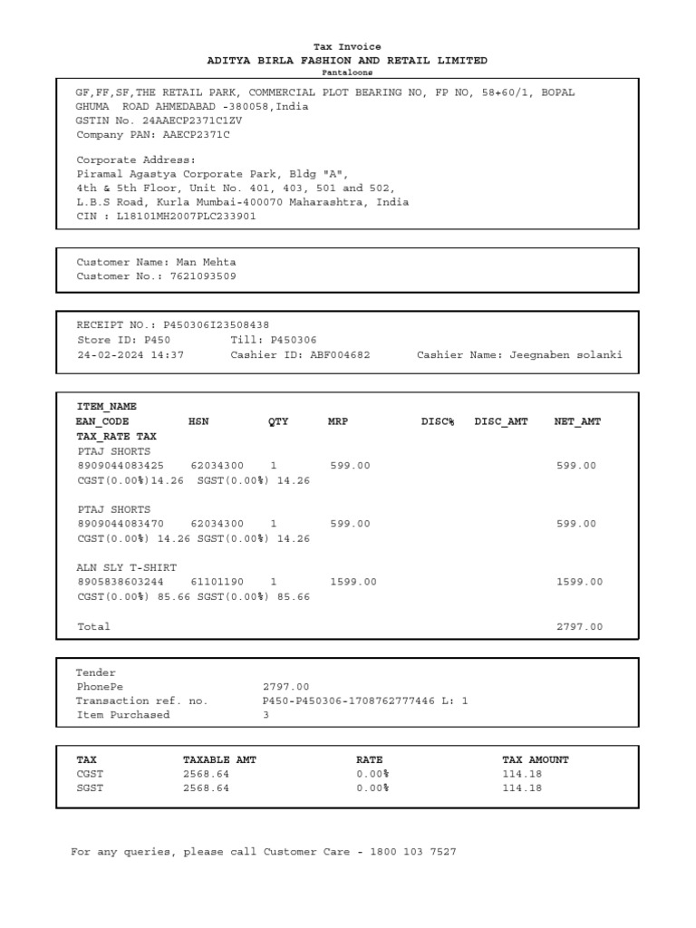 Pantaloons Tax Invoice Details | PDF