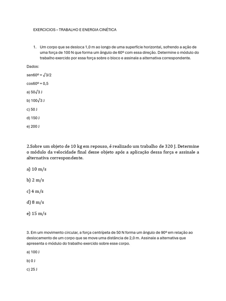 Exercicios-Trabalho e Energia Cinetica | PDF