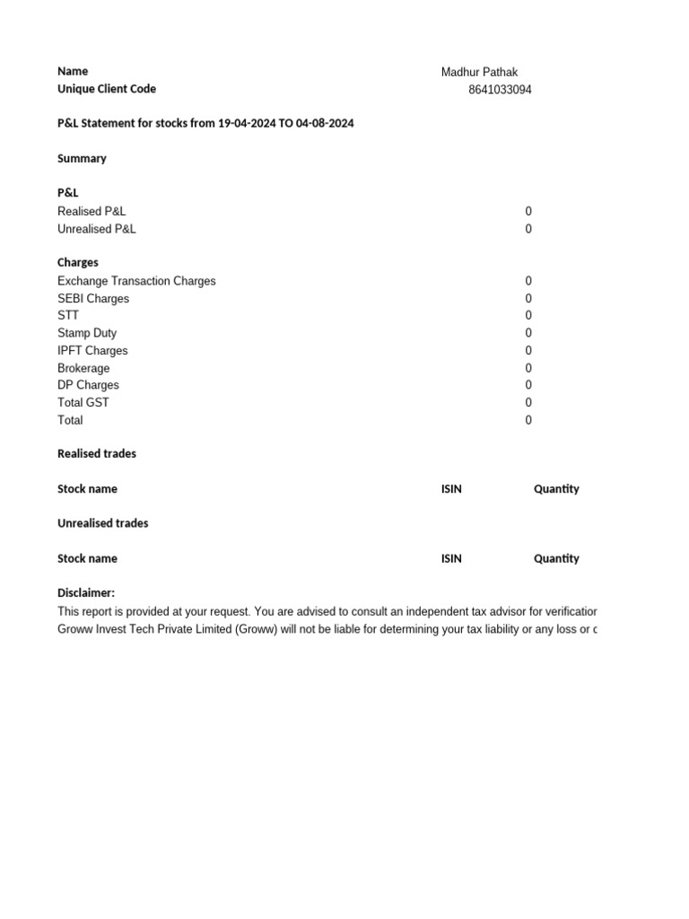P&L Statement for Stocks (Apr-Aug 2024) | PDF | Stocks | Income Statement