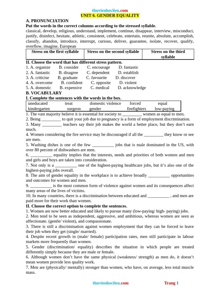 Gender Equality: Vocabulary & Exercises | PDF | Cost Of Living | Gender ...