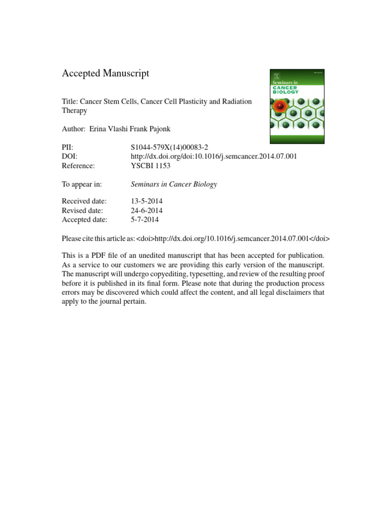 Cancer Stem Cells, Cancer Cell Plasticity and Radiation Therapy | PDF ...