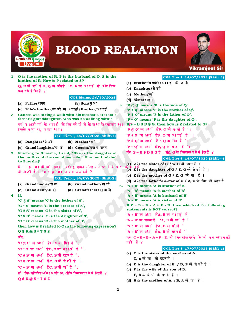 BLOOD RELATION Blood Relation Practice Sheet PDF ɴ ʟ | PDF | Childhood ...