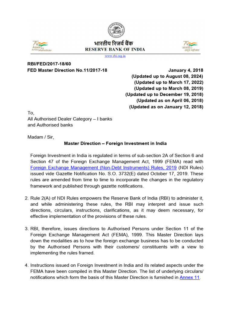 Master Direction on Foreign Investment in India | PDF | Securities ...