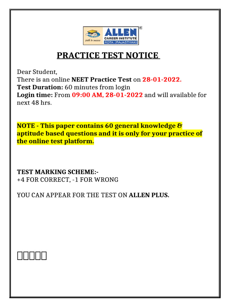 Practice Test Notice: Dear Student, There Is An Online On 60 Minutes ...