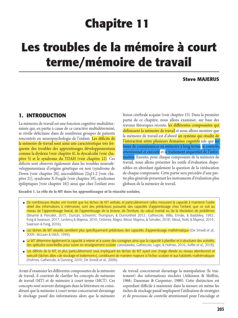 Troubles de la mémoire de travail chez l'enfant PDF Mémoire Attention — free download