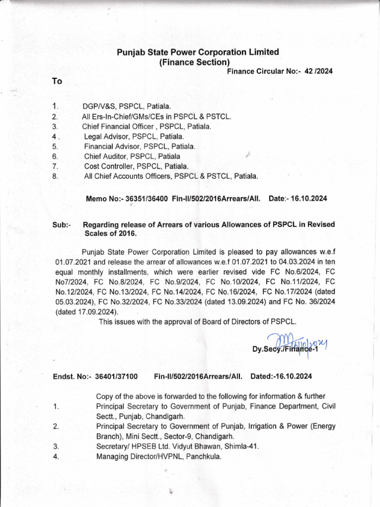 PSPCL Allowances Arrears Release Memo | PDF | Business | Electric Power
