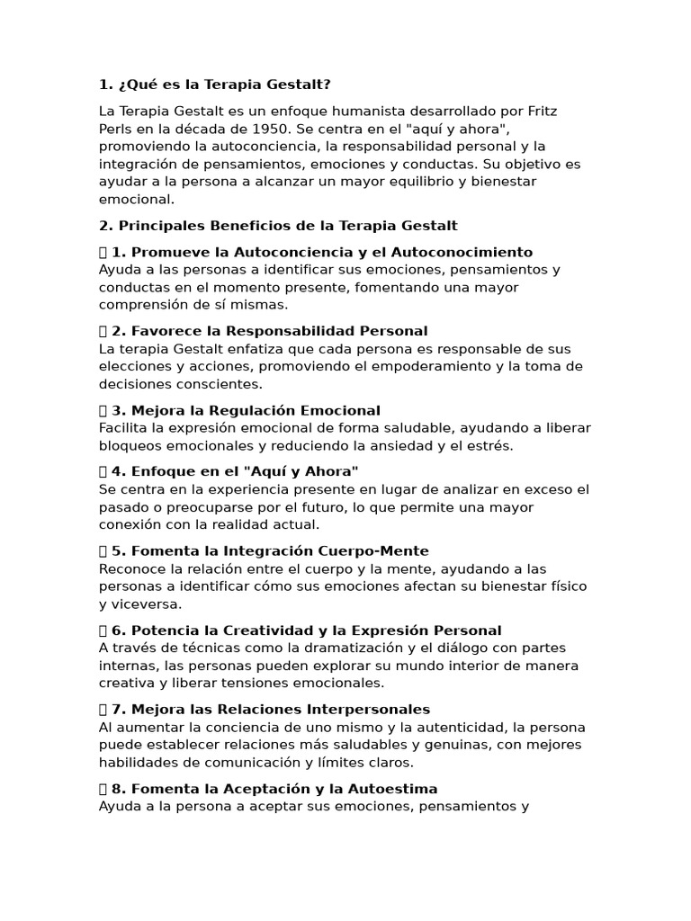 Beneficios de la Terapia Gestalt | PDF | Terapia Gestalt | Las emociones