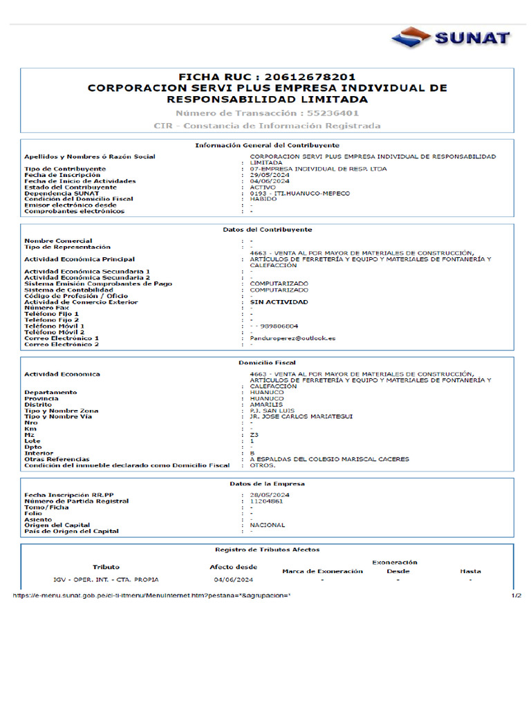 FichaRUC-FICHA RUC | PDF