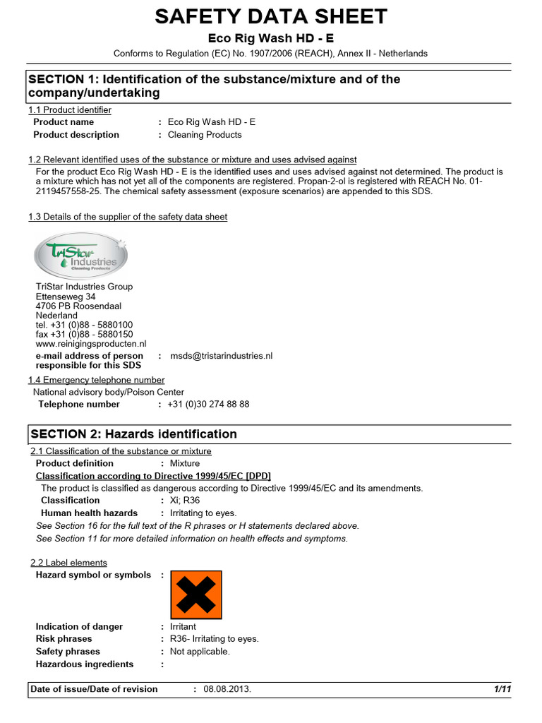 Eco Rig Wash HD - E Safety Data Sheet | PDF | Combustion | Personal ...