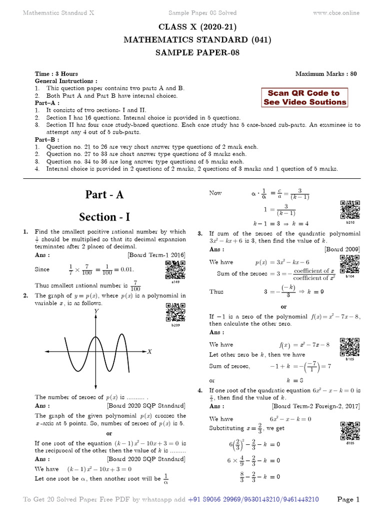 Class X Mathematics Sample Paper 08 | PDF | Zero Of A Function ...