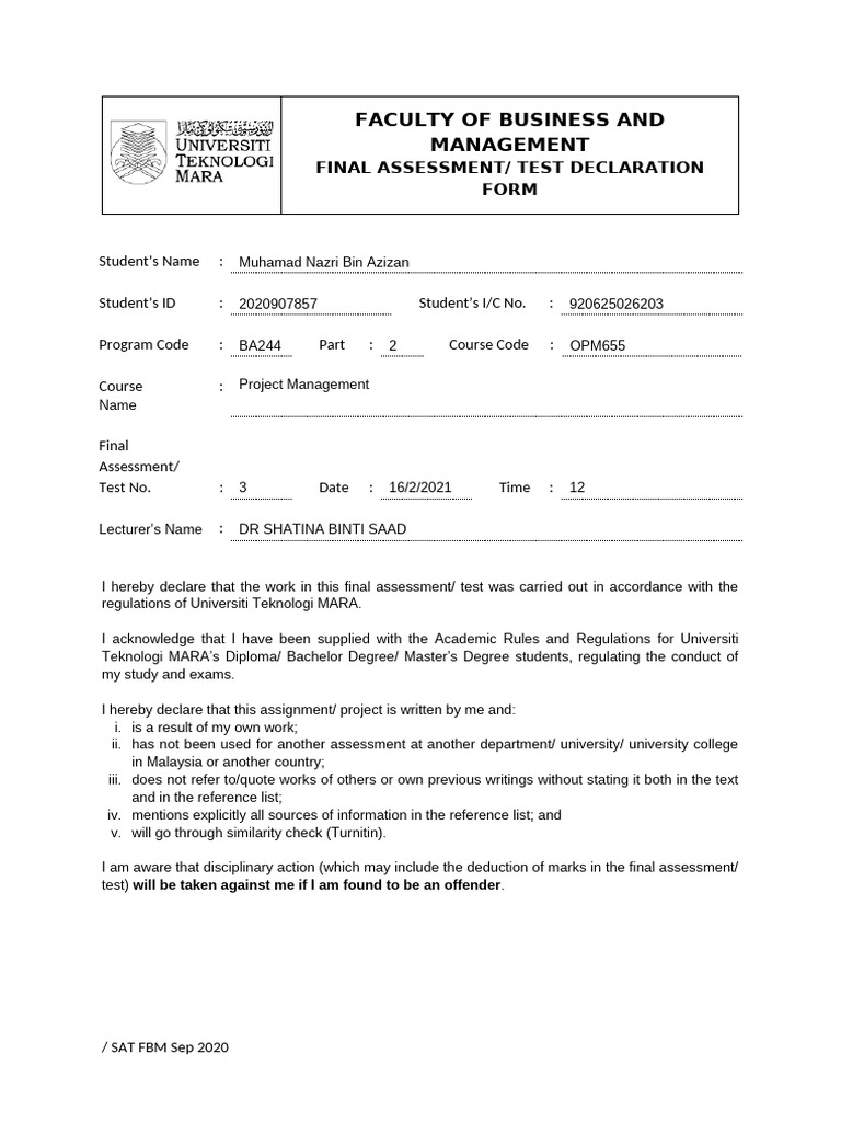 Final Assessment Declaration Form | PDF