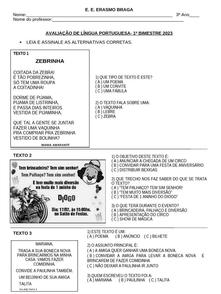 Avaliação de Língua Portuguesa 3º Ano | PDF