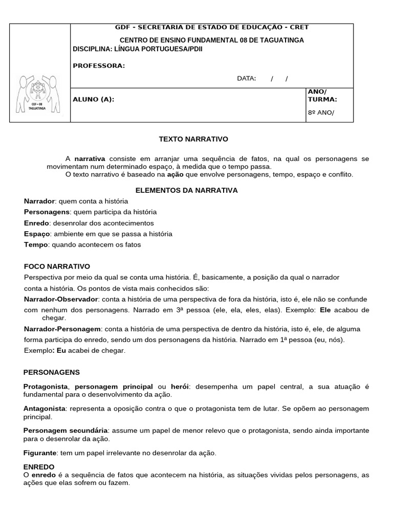 Elementos do Texto Narrativo para 8º Ano | PDF | Narrativa | Enredo ...