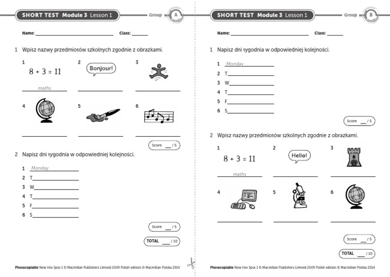 Test Z Angielskiego Klasa 4 New Hot Spot New Hot Spot 1 Short Test Module 3 Lesson 1 | PDF