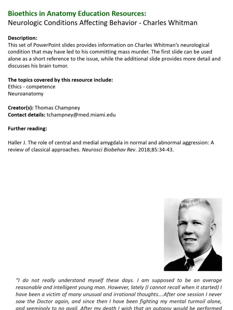 Charles Whitman's Brain Tumor Impact | PDF | Behavioural Sciences ...