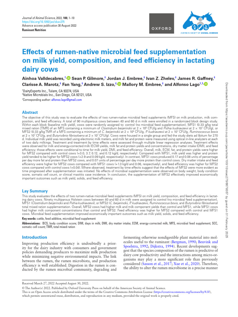 Effects of Rumen-Native Microbial Feed Supplementation On Milk Yield ...