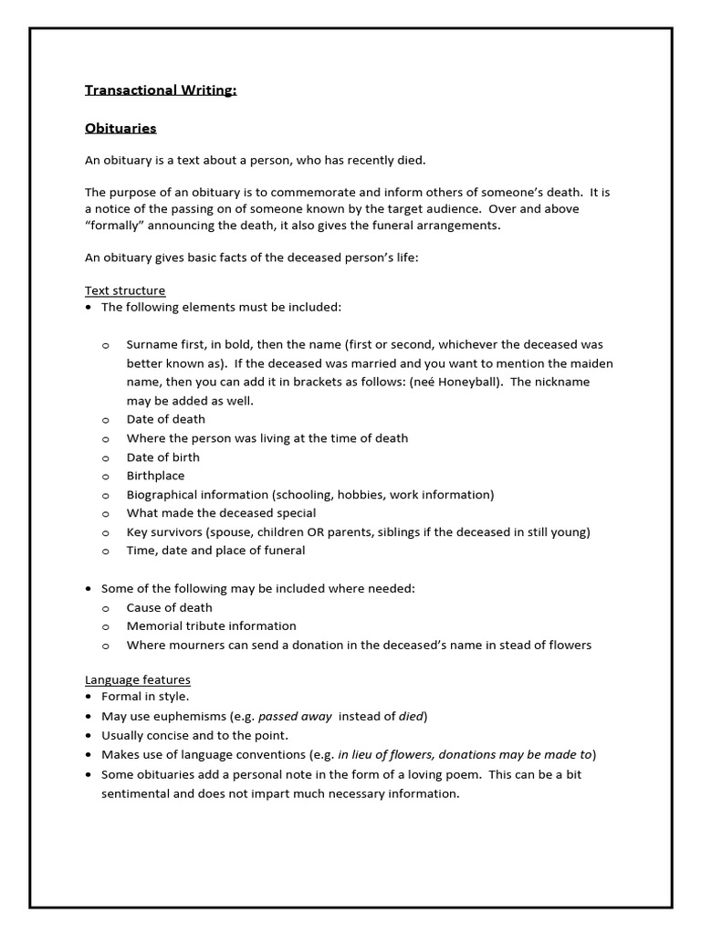 How to Write an Obituary Guide | PDF | Funeral | Human Communication