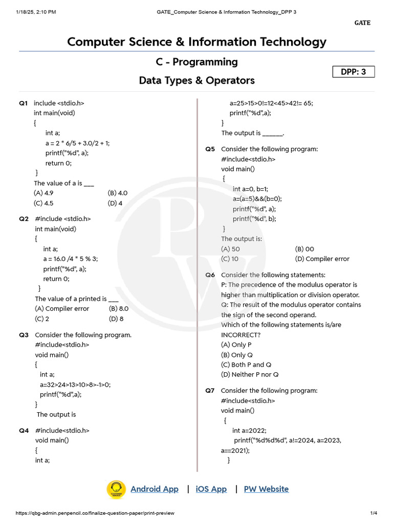 Data Types and Operator - DPP 03 | PDF | Integer (Computer Science ...
