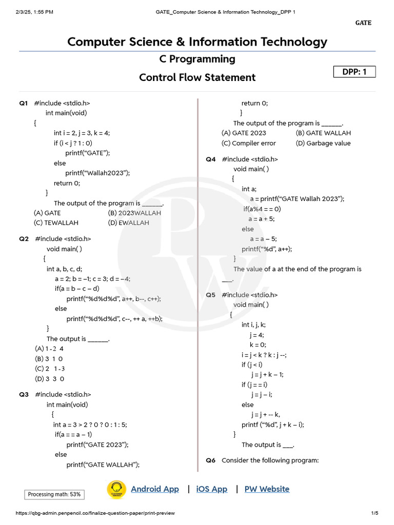 Control Flow Statement _ DPP 01 | PDF | Computer Programming | Software ...