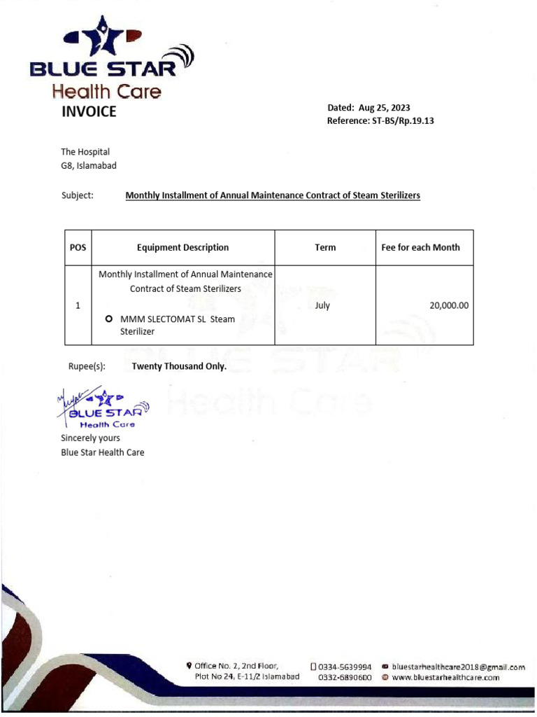 Monthly Maintenance Invoice for Sterilizers | PDF