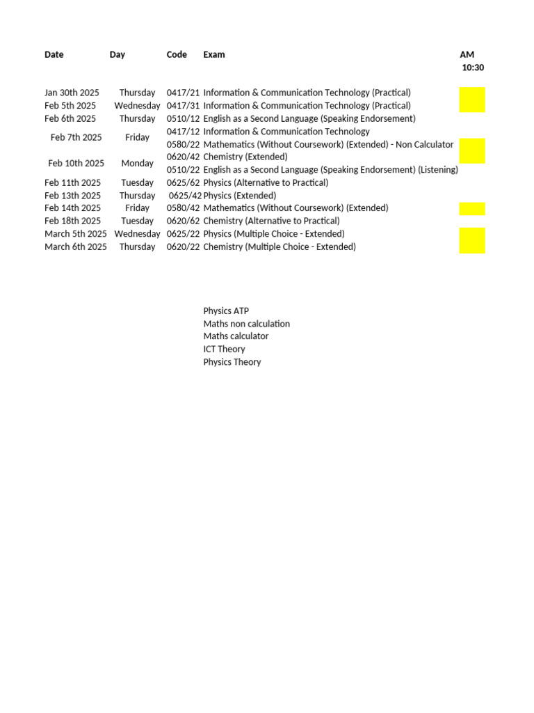 2025 Exam Schedule for ICT, ESL, Math, Physics | PDF