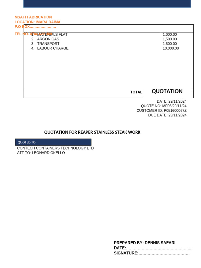 Quotation for Stainless Steel Work | PDF