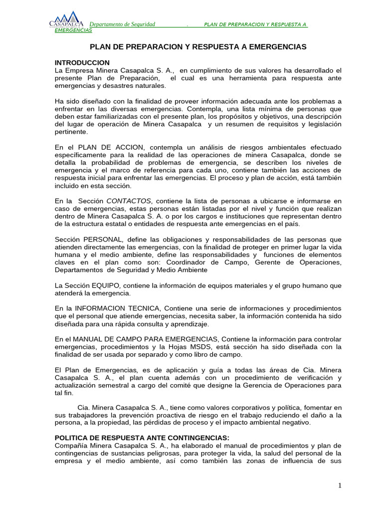 Reg 01 - PR 11 Plan de Emergencias y Contingencias | PDF | Temblores ...