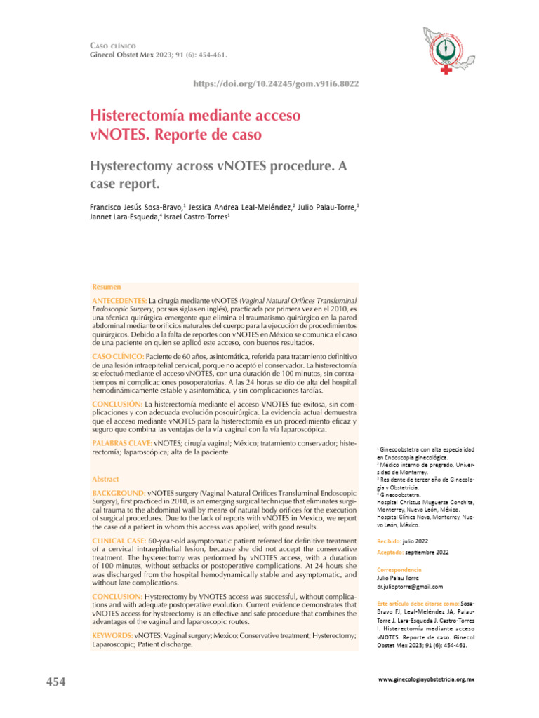Histerectomía vNOTES: Caso Clínico en México | PDF | Cirugía | Medicina
