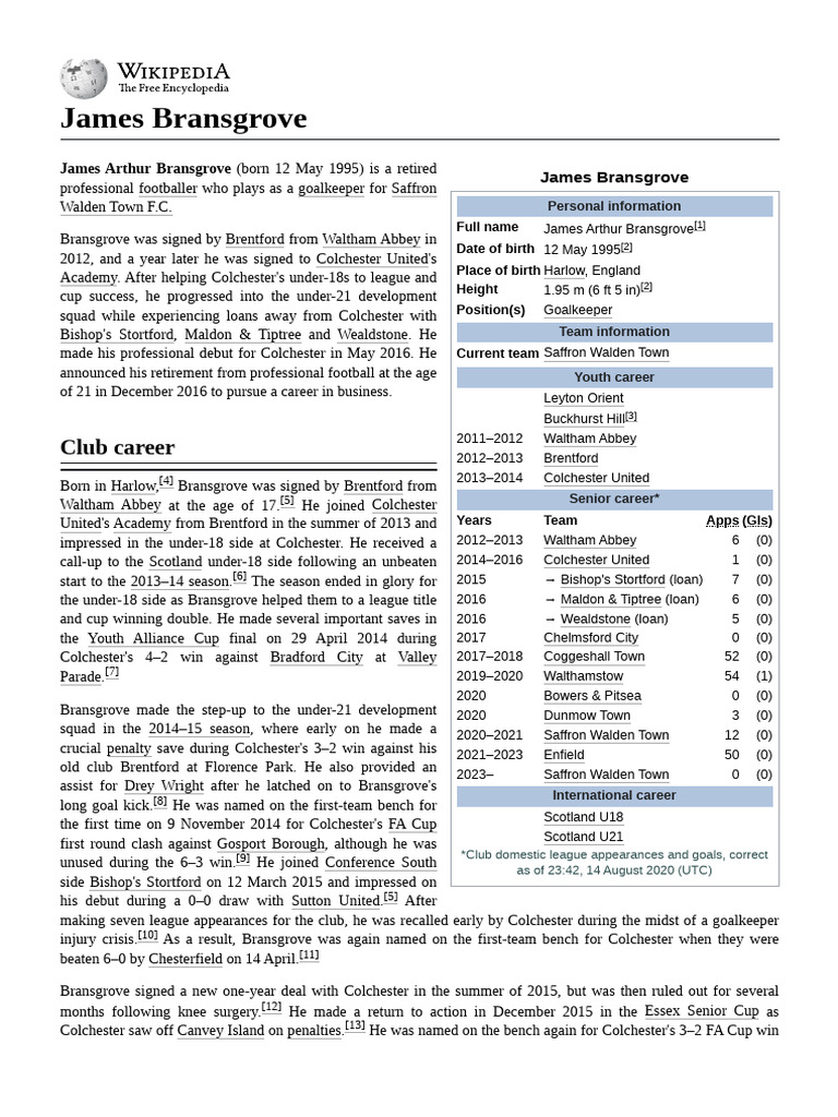 James Bransgrove: Goalkeeper Career Summary | PDF | English Football ...