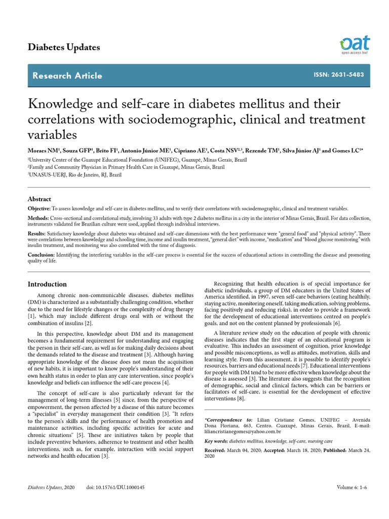 Knowledge and Self-Care in Diabetes Mellitus and Their Correlations ...