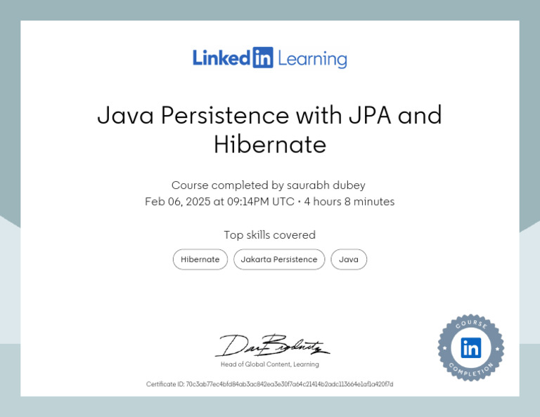 CertificateOfCompletion_Java Persistence with JPA and Hibernate | PDF