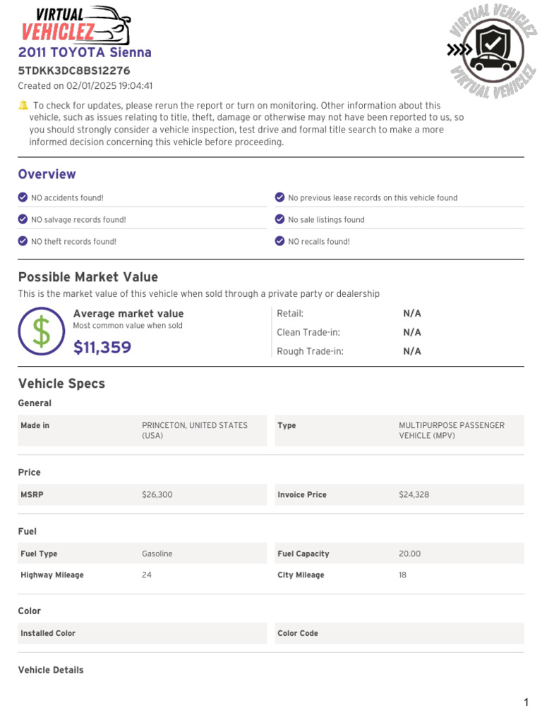 2011 Toyota Sienna (Virtualvehiclez) | PDF | Insurance | Vehicles
