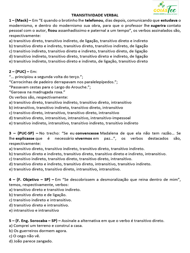Tipos de Verbos e Transitividade Verbal | PDF