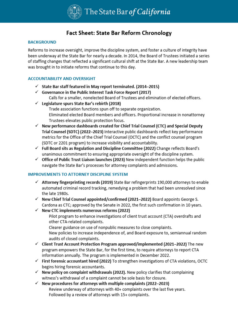 State Bar Reform Overview and Timeline | PDF | State Bar Of California ...