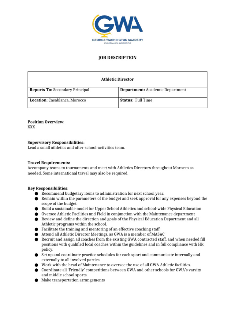 Athletic Director Job Description - GWA | PDF | Skill | Learning