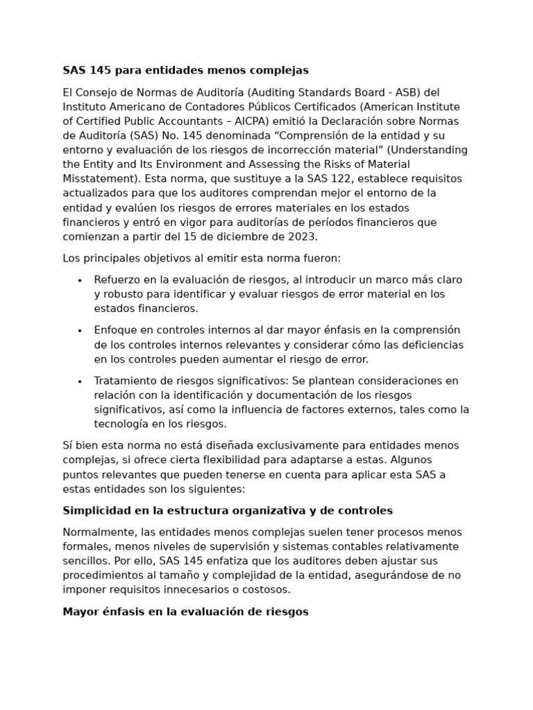 SAS 145: Auditoría para Entidades Simples | PDF | Contralor | Auditoría