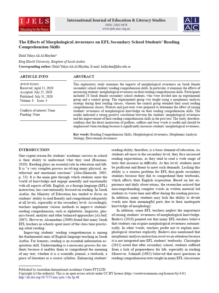 The Effects of Morphological Awareness On EFL Seco | PDF | Reading ...