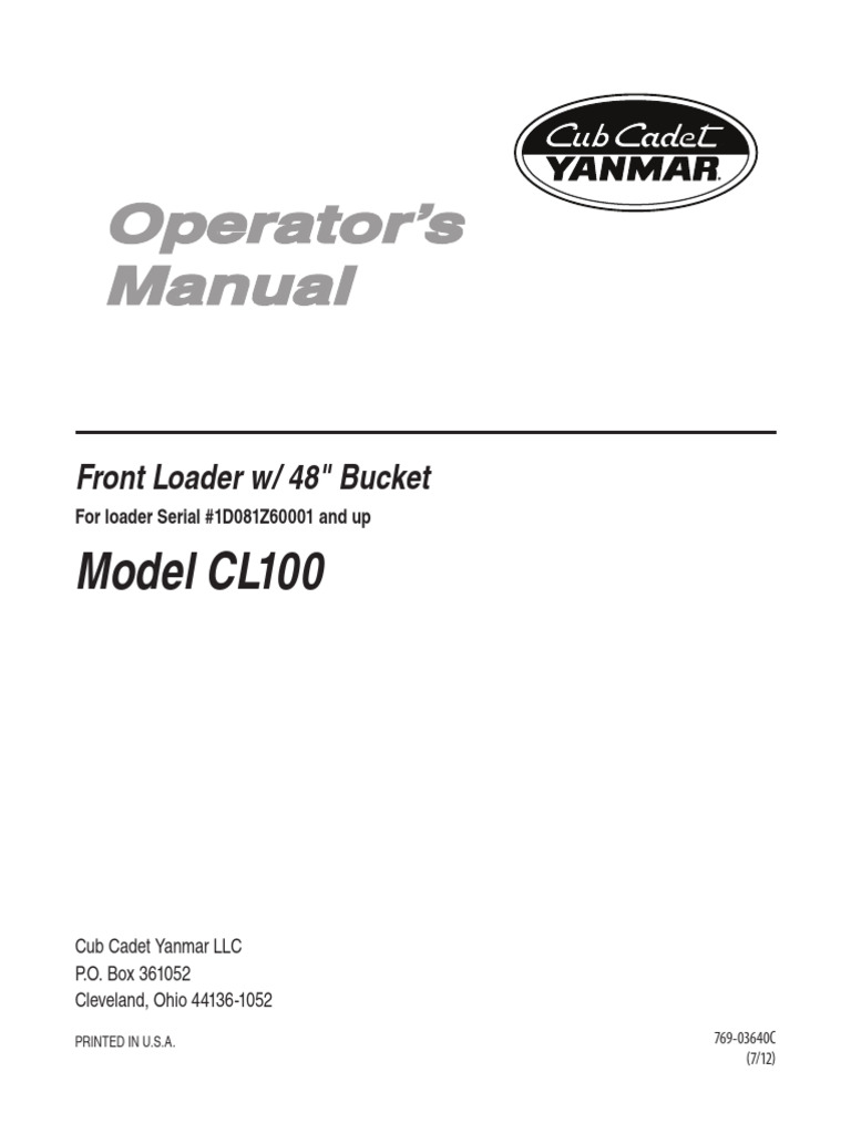 CL100 Front Loader Operator's Manual | PDF | Tractor | Loader (Equipment)