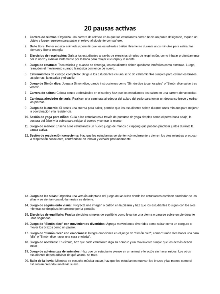 20 Ejercicios Divertidos de Pausas Activas | PDF