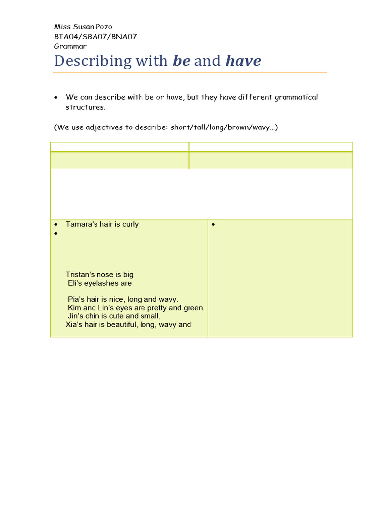 Describing With Be and Have | PDF