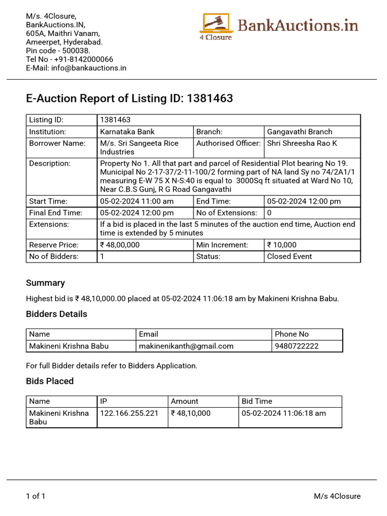 Karnataka Bank E-Auction Report 1381463 | PDF