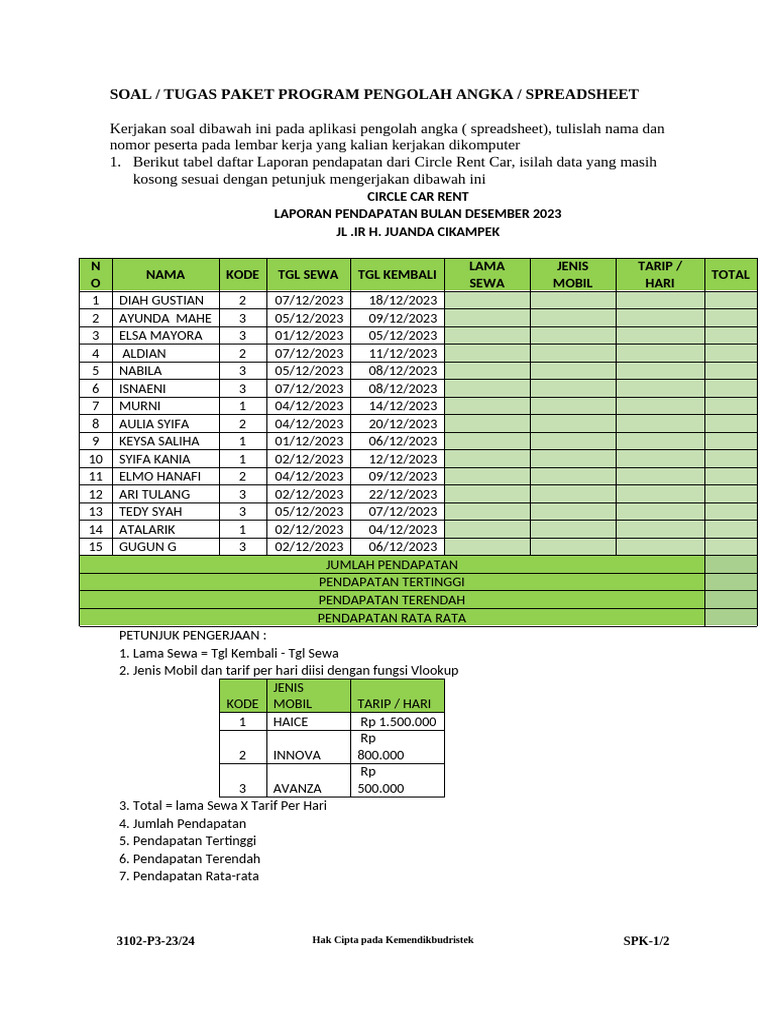 Soal Pengolahan Data Spreadsheet 2023 | PDF